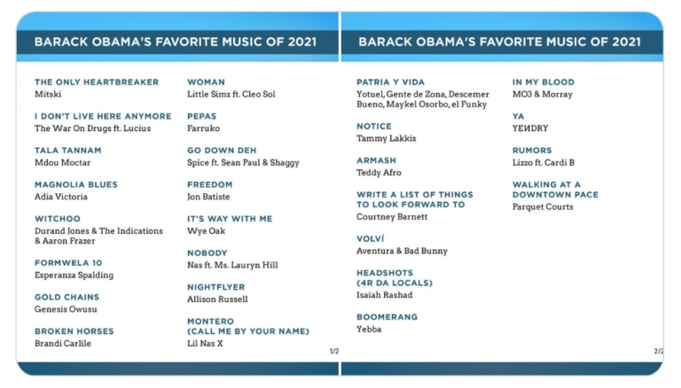 Barack Obama shares his favorite songs of 2021