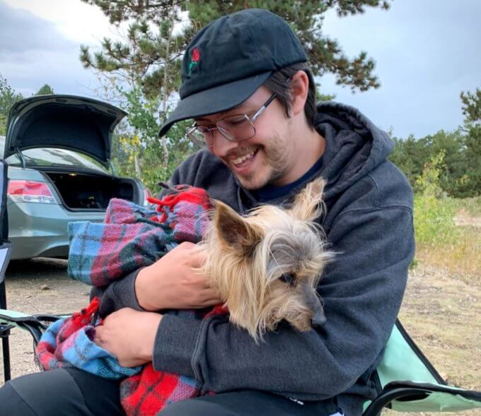 ben freid dog mario camping chair smiling